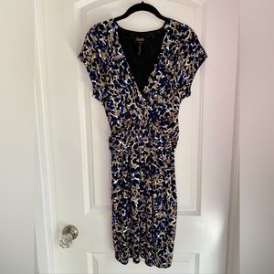 Laundry by Shelli Segal Short Sleeve V-Neck Print Dress Tan/Black/Blue Size 10